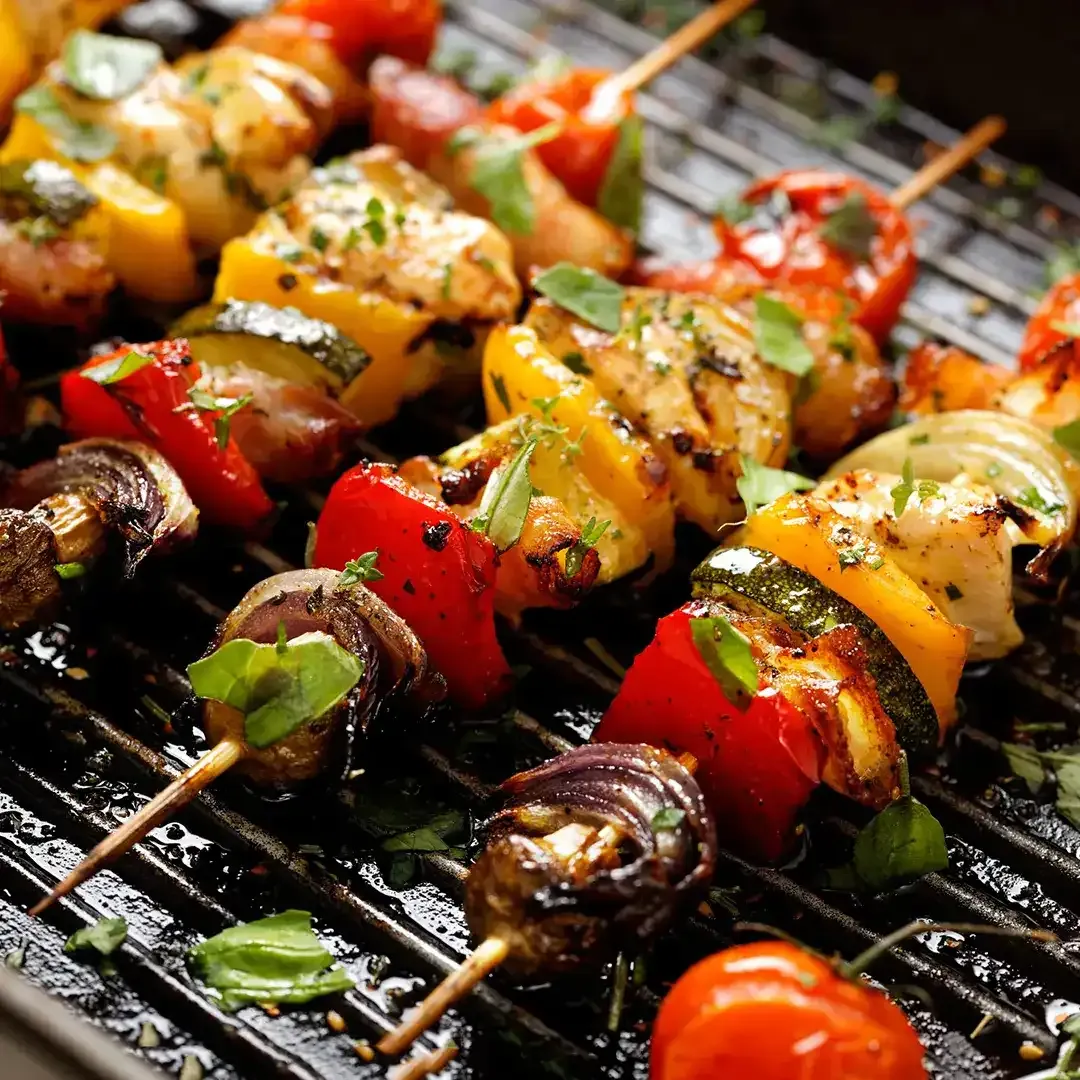 Vegane Lunch Vorschläge b2b catering Hamburg: Bunte Gemüsespieße vom Grill mit roter und gelber Paprika, Zucchini, Zwiebeln und Champignons.